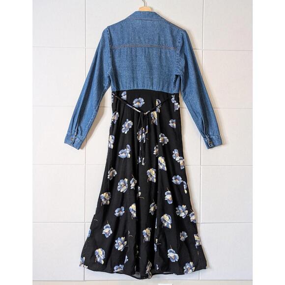 Vintage 90s denim & floral combination A-line midi dress - Picture 7 of 8